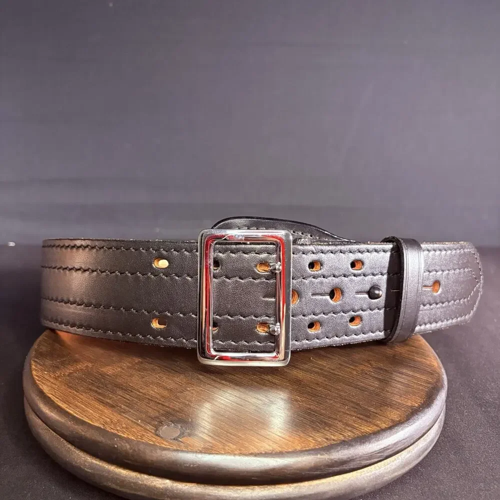 DutyMan Duty Belt Size 30” Black Plain Leather Chrome Buckle 4 Row Stitched 4011